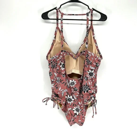 Kona Sol Swimsuit One Piece Pink Floral Print V Neck Side Cinch - Picture 7 of 12